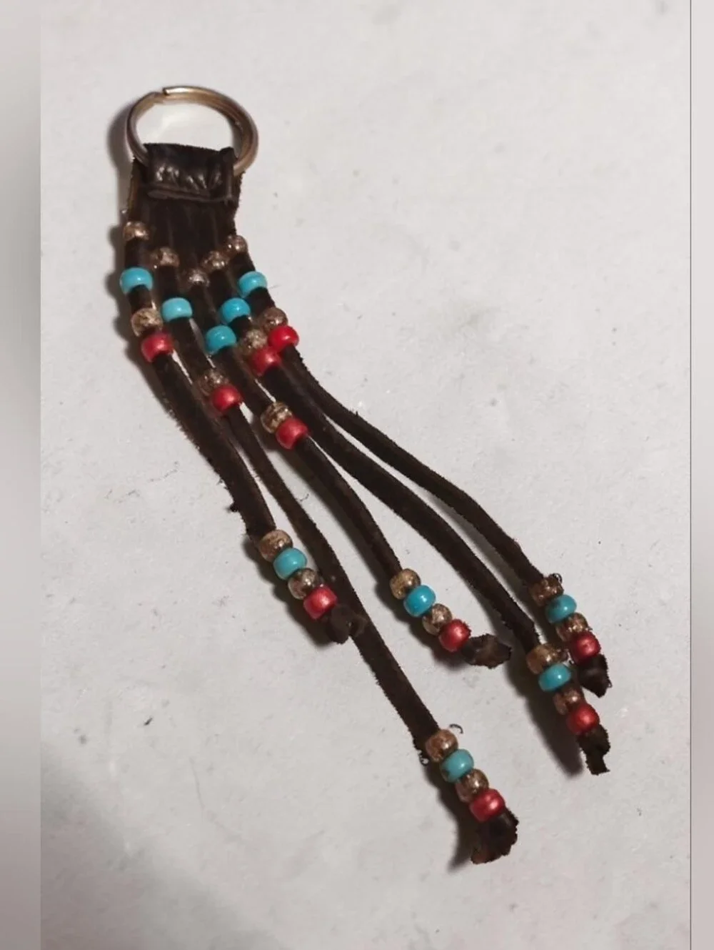 Vintage Boho Beaded Leather Fringe Keychain / Bag Charm (EUC)